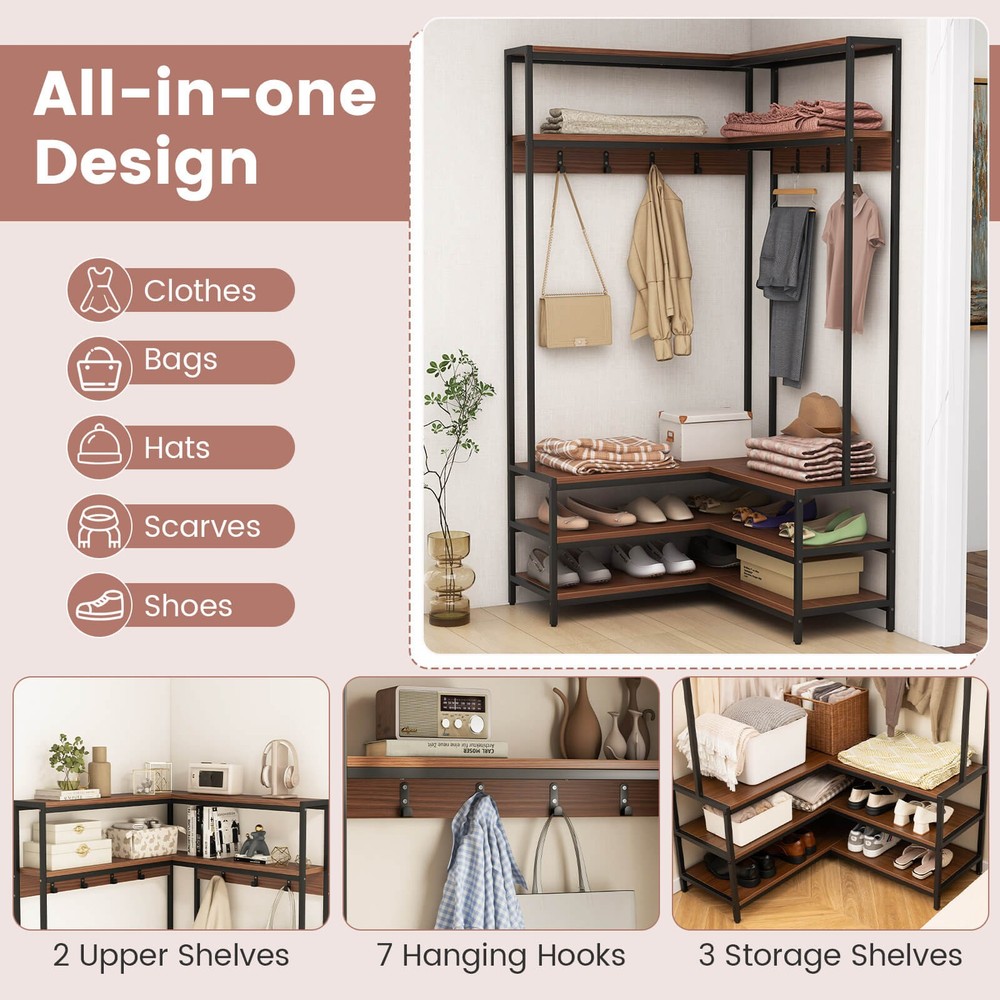 Corner Garment Rack w/ Open Shelves & 7 Hooks Shoe Bench Solid Metal Frame