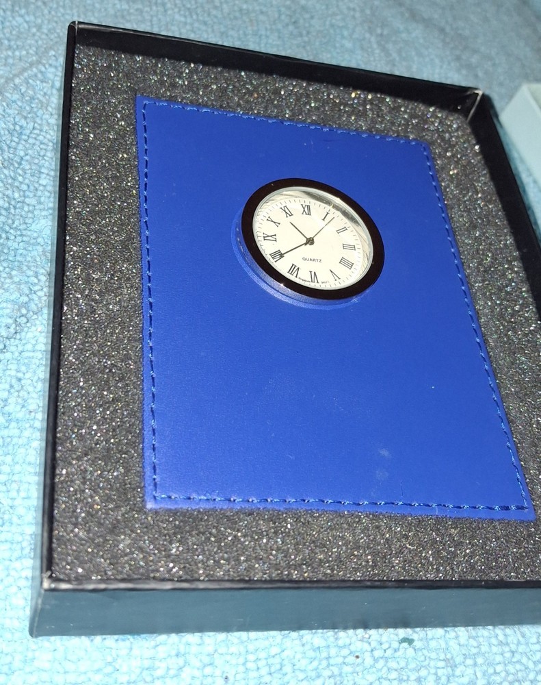Blue Silver Leather Rectangular Desk Clock Analog Roman Numerals Quartz Battery