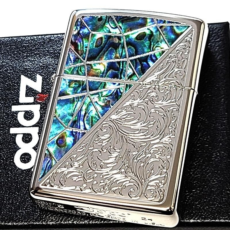 Zippo Arabesque Shell Pattern Silver Green Mirror Finish One Sided Processing