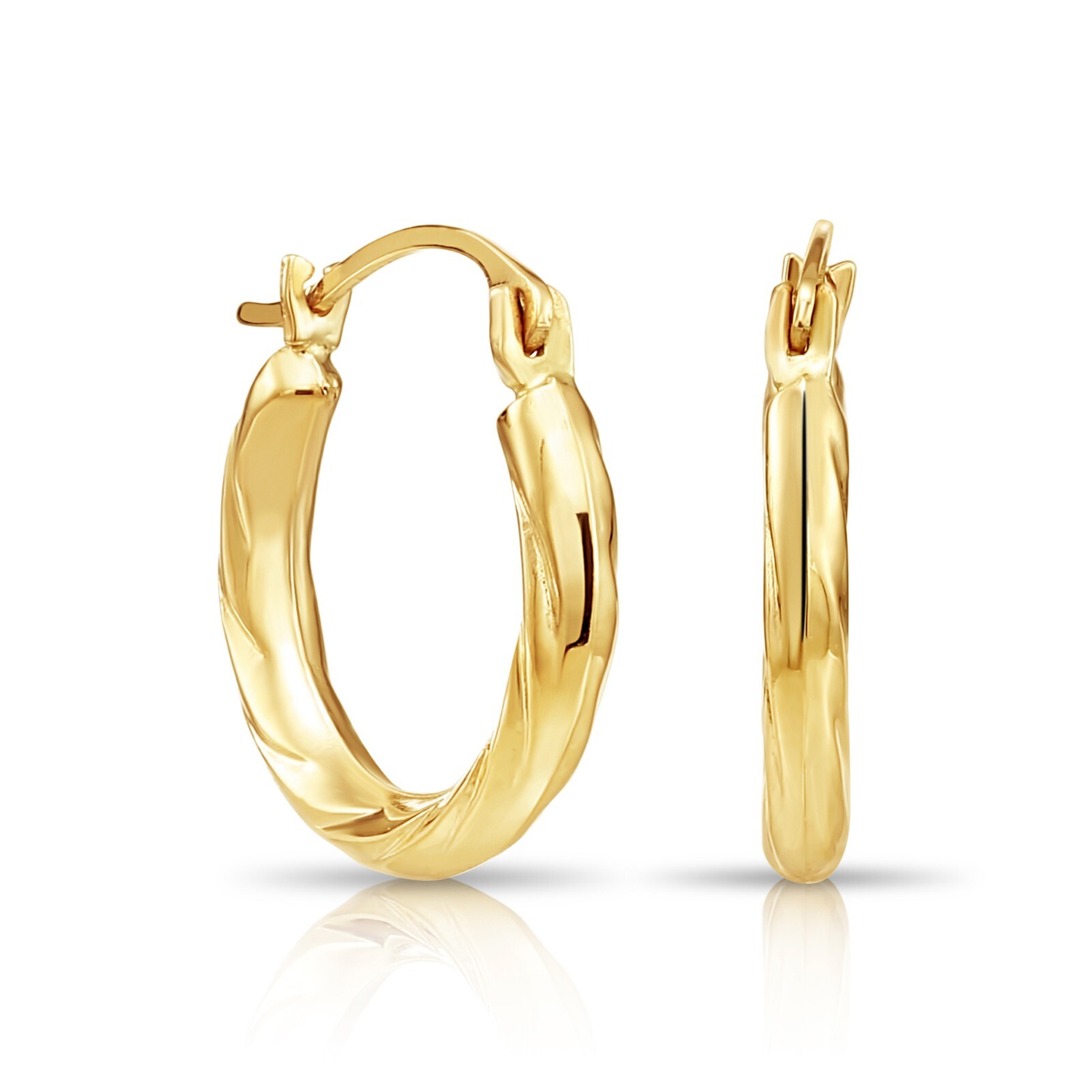 14K Real Solid Yellow Gold Twisted Round Creole Hoops Earrings Small Size 15MM