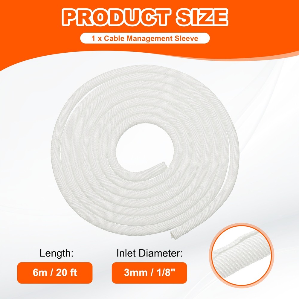 Wire Split Braided Cable Management Sleeve, White (1/8" - 20 Feet)