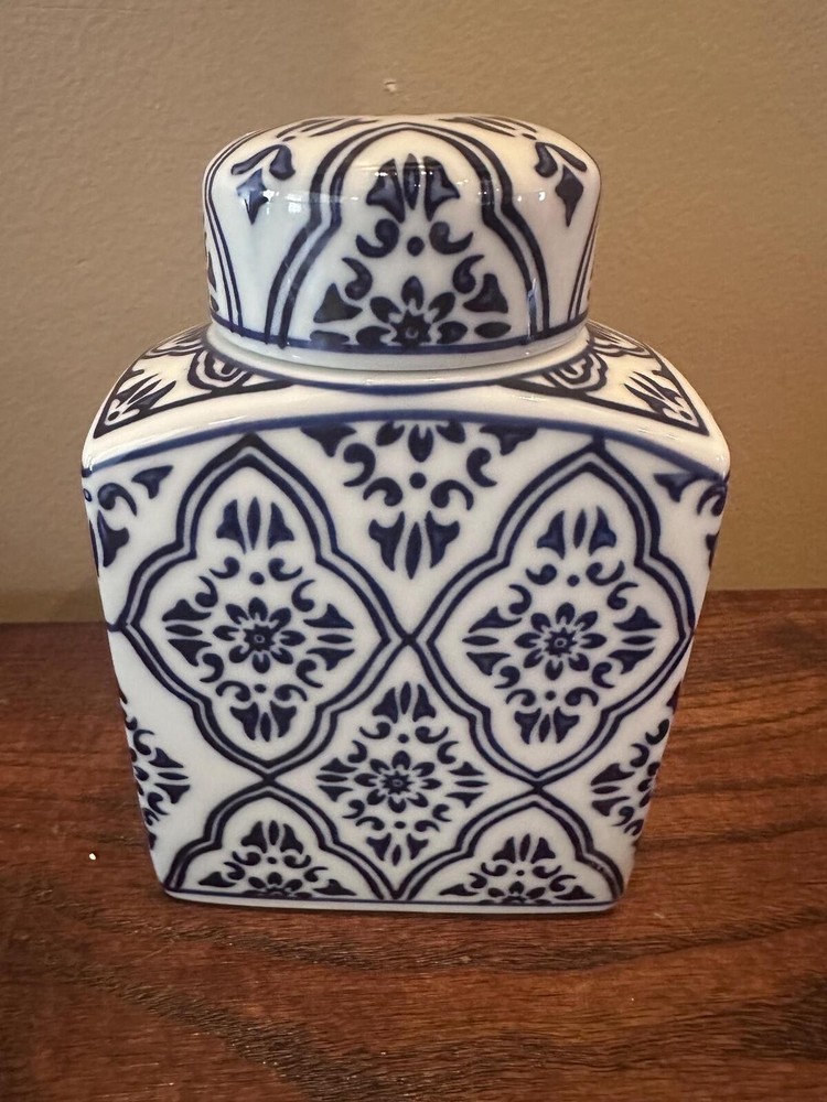 Blue and White Patterned Square Ginger Jar