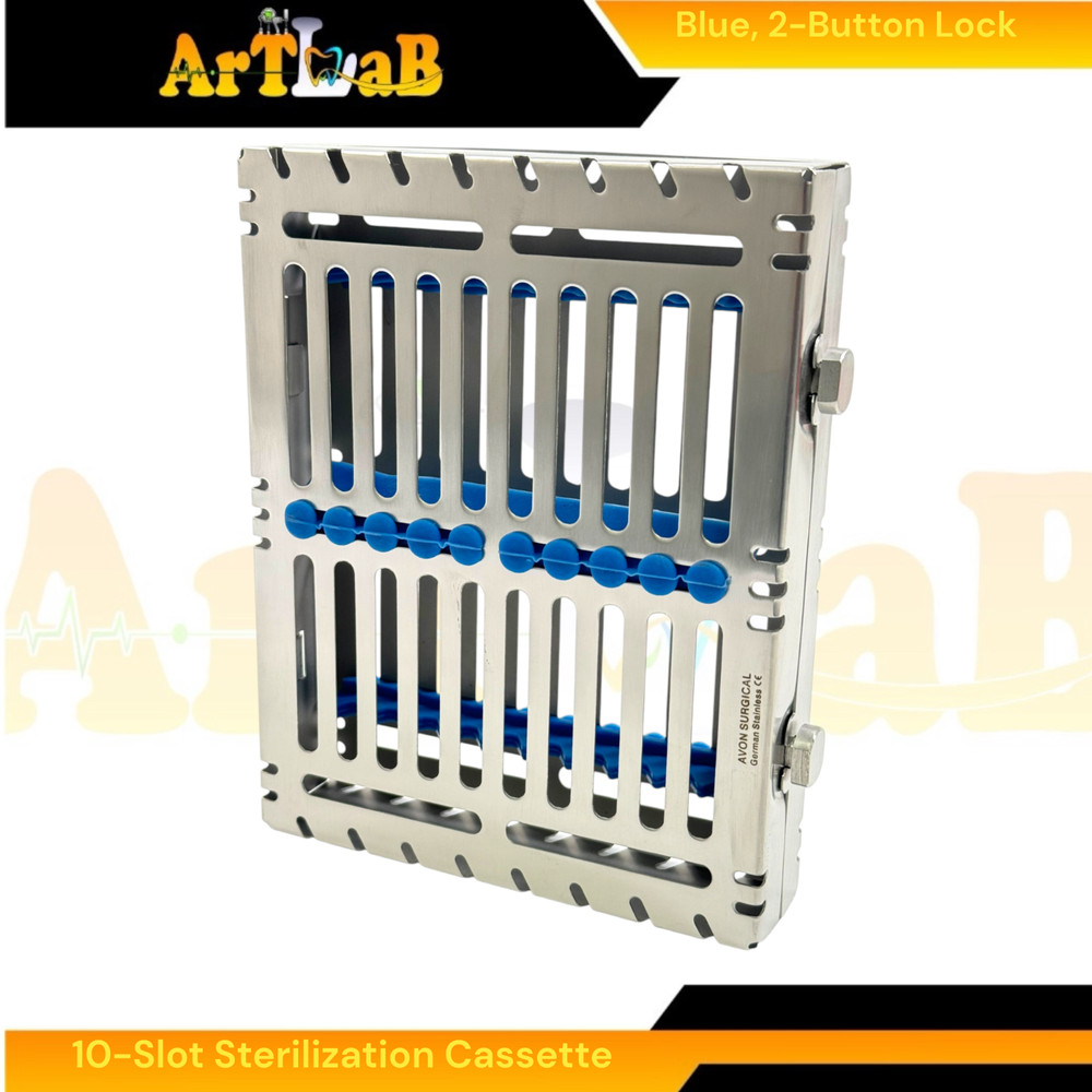 Double-Button Sterilization Cassette for 10 Instruments, Dental, Veterinary Blue