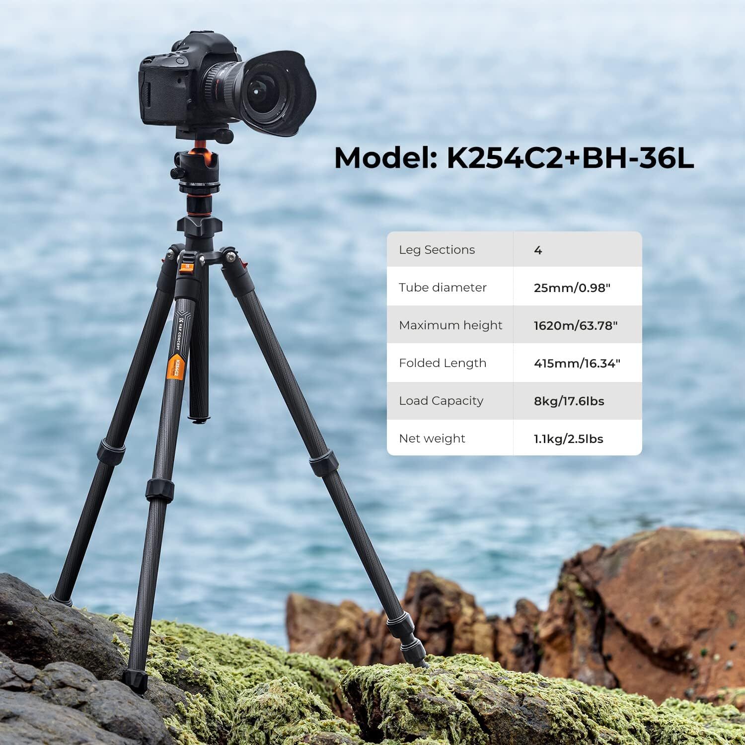 K&F Concept 163cm Carbon Fiber Camera Tripod Lightweight Travel w/360° Ball Head