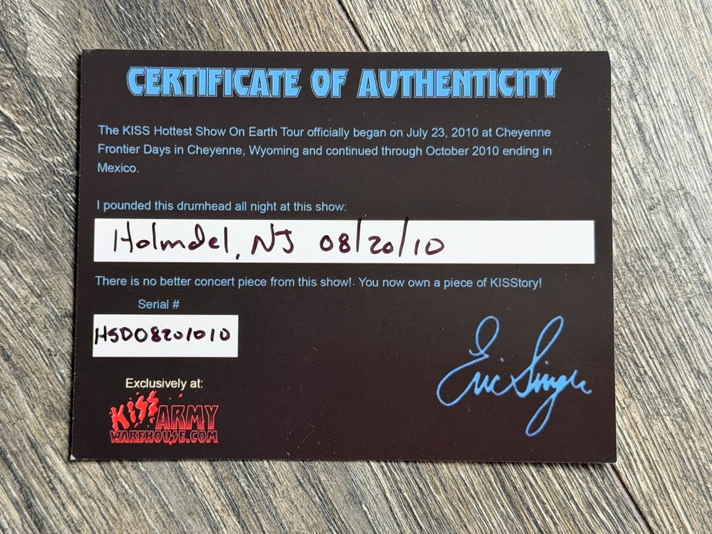 KISS Drumhead ERIC SINGER Concert Used Signed Autograph CoA 10" NJ 2010 Tour