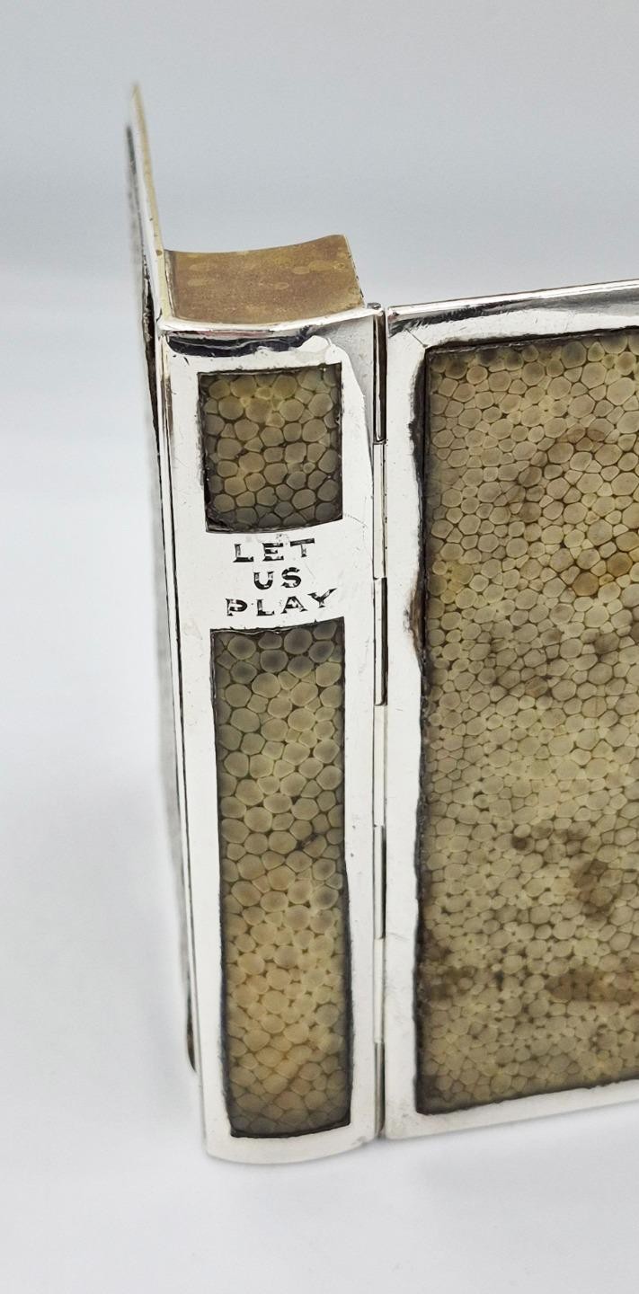 FINE NOVELTY SOLID SILVER & SHAGREEN "LET US PLAY" BOOK PLAYING CARD CASE c1910