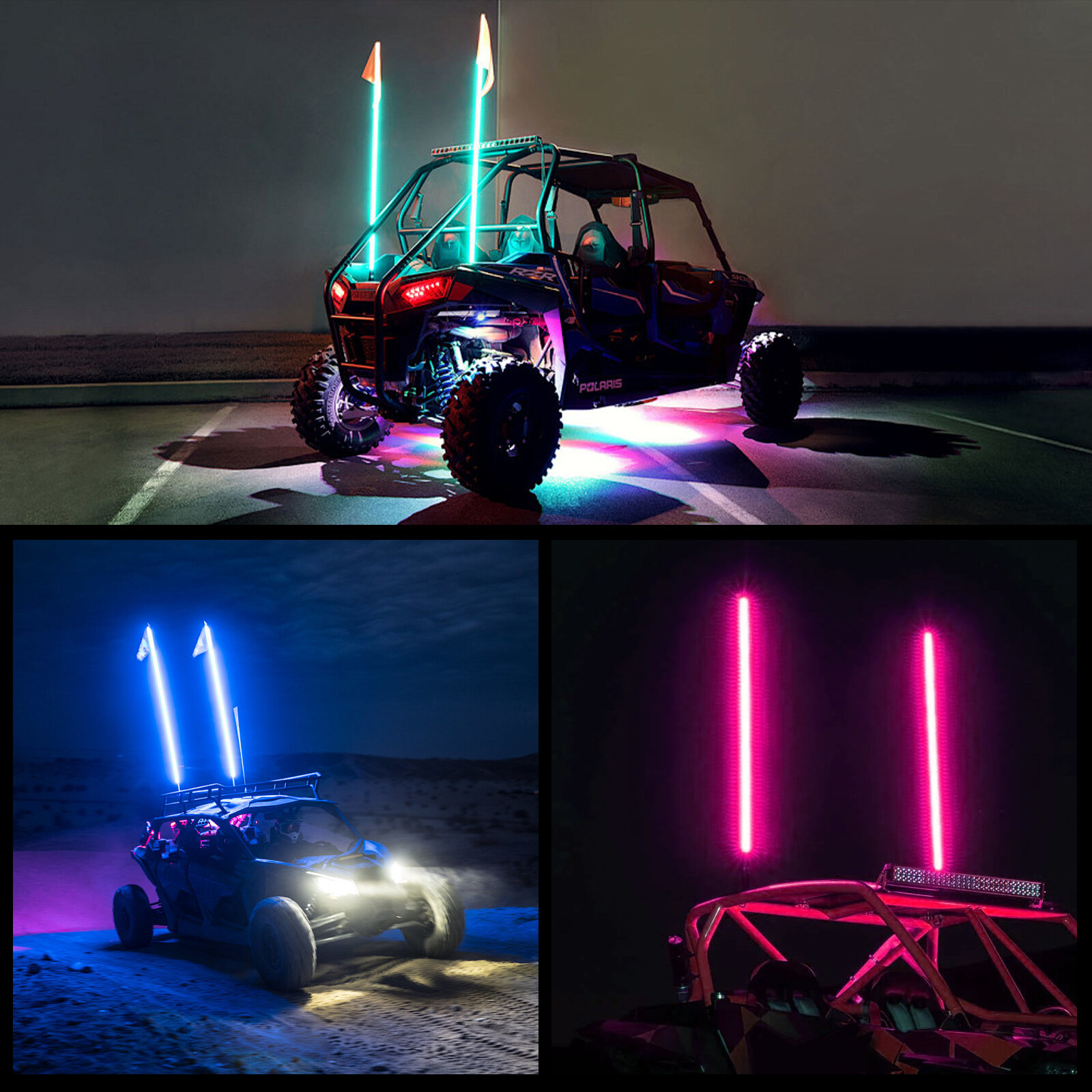 Pair 4ft RGB Spiral LED Whip Lights Antenna Chase + US Flag & Remote for ATV UTV