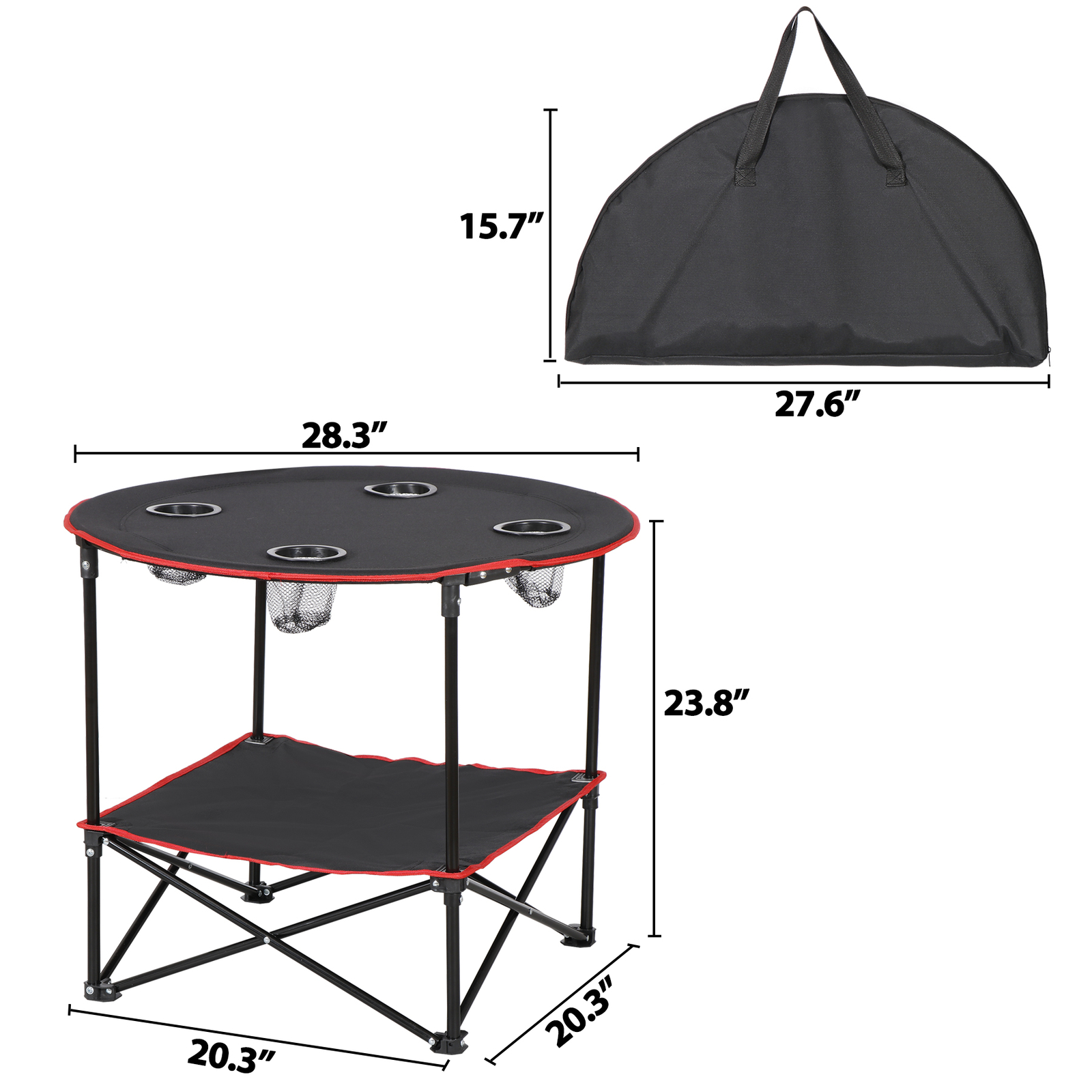 28" Round Folding Picnic Table Lightweight Canvas Beach Table w/Cup Holder Black
