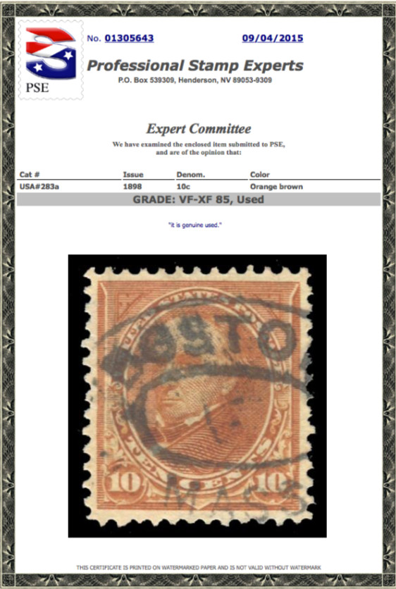 #283a Used PSE Graded 85, PSE Cert # 01305643