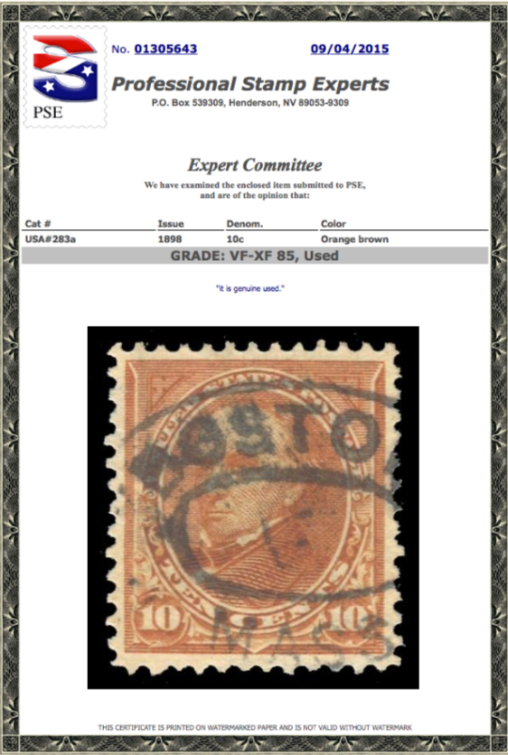#283a Used PSE Graded 85, PSE Cert # 01305643