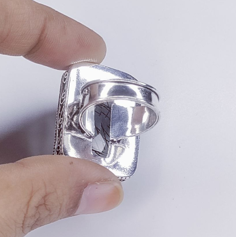 Black Rutialted Quartz Gemstone Handmade 925 Sterling Silver Jewelry Ring