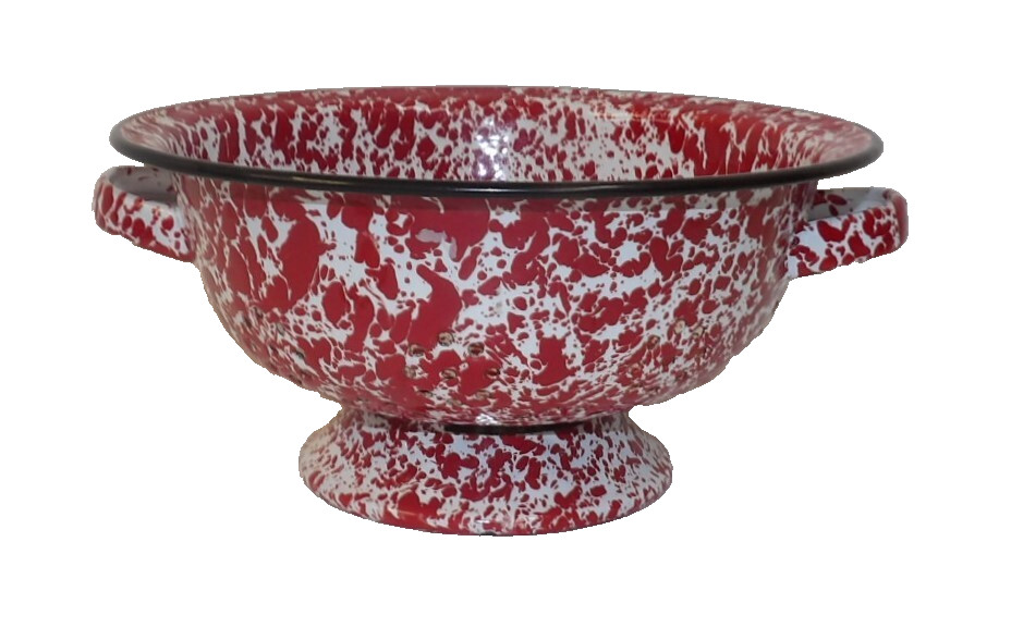 Red White Spatter Graniteware Colander Handled Strainer - Vintage Kitchen Tool
