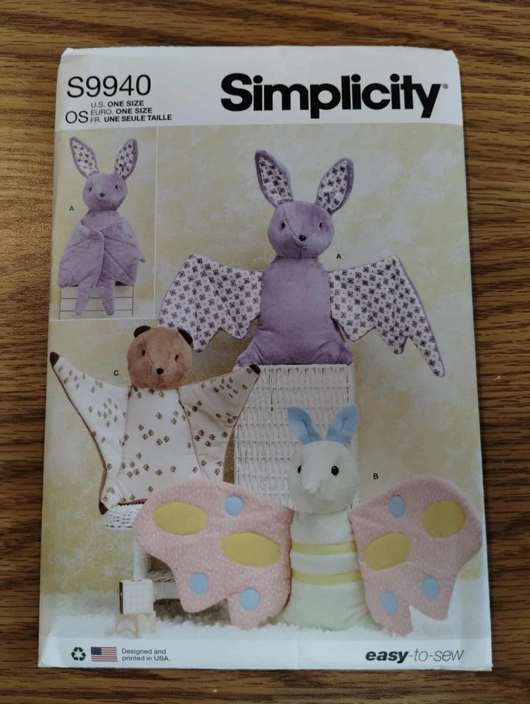 S9940 Simplicity Sewing Pattern Plush Bat, Moth & Flying Squirrel Toys