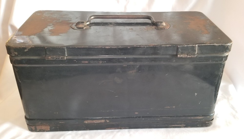 Antique Black Metal Hinged Tool Storage Box 12"