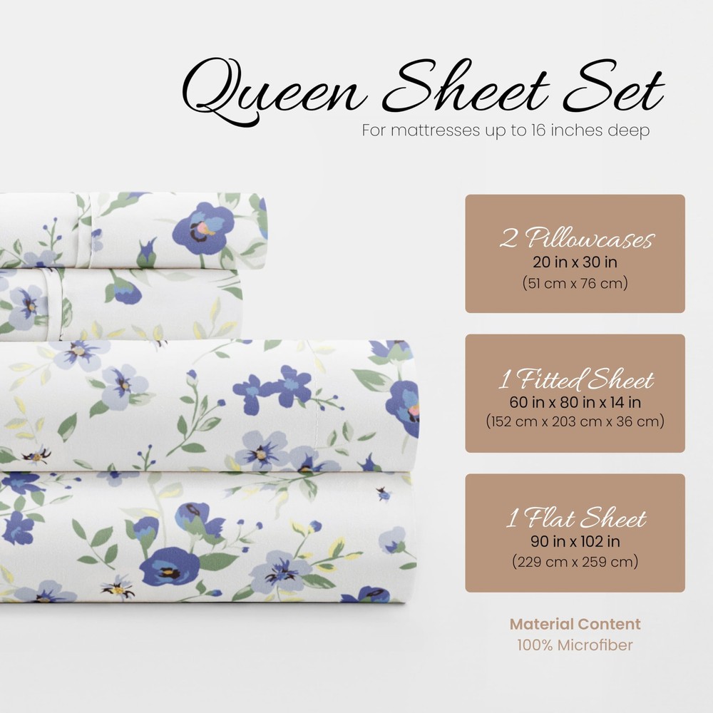 4 Piece Queen Sheet Set Breathable, DoubleBrushed Patterned Cooling Sheets –...