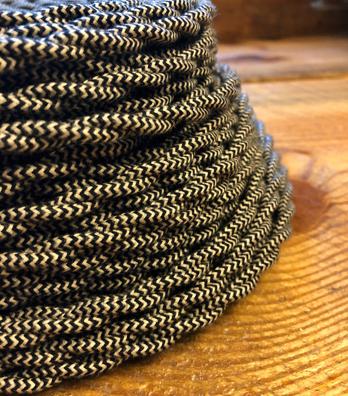Cloth Covered Twisted Wire - Black/Tan Pattern, Vintage Style Fabric Lamp Cord