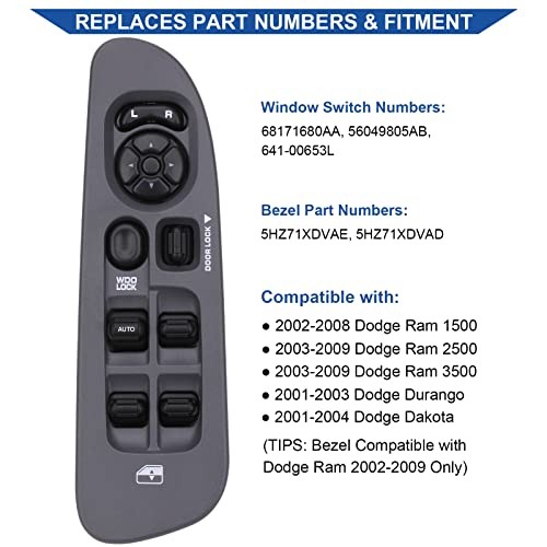 Power Window Control Switch Button & Grey Bezel, Compatible Driver Side Grey