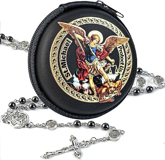 St Michael & St Benedict Hematite Rosary Necklace for Men - Catholic Gifts with