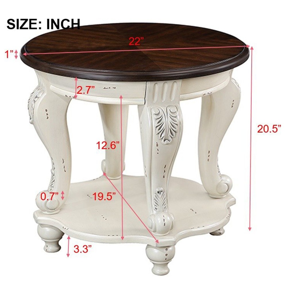 22'' Two Tone Round End Table,Solid Wood Sofa Side Table with Shelf,Living Roo