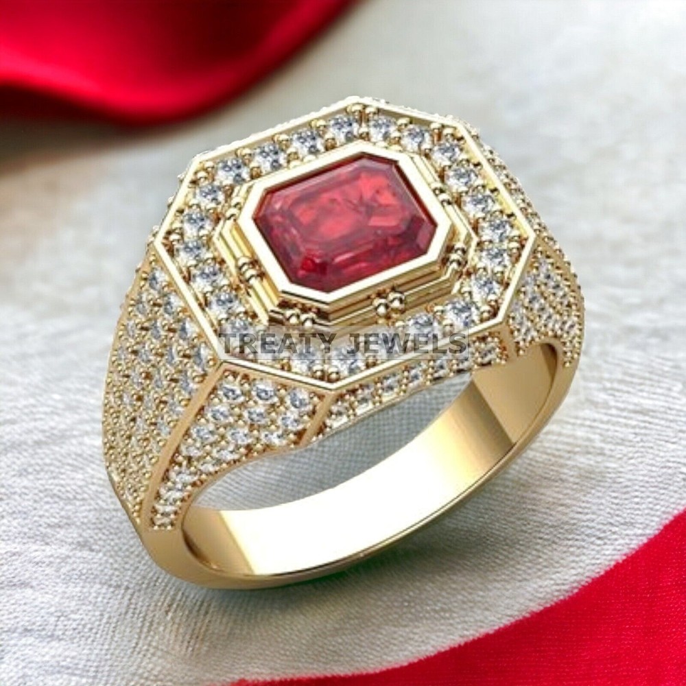 Ruby Emerald Cut Gemstone With 14K Solid White Gold Ring For Men's #984