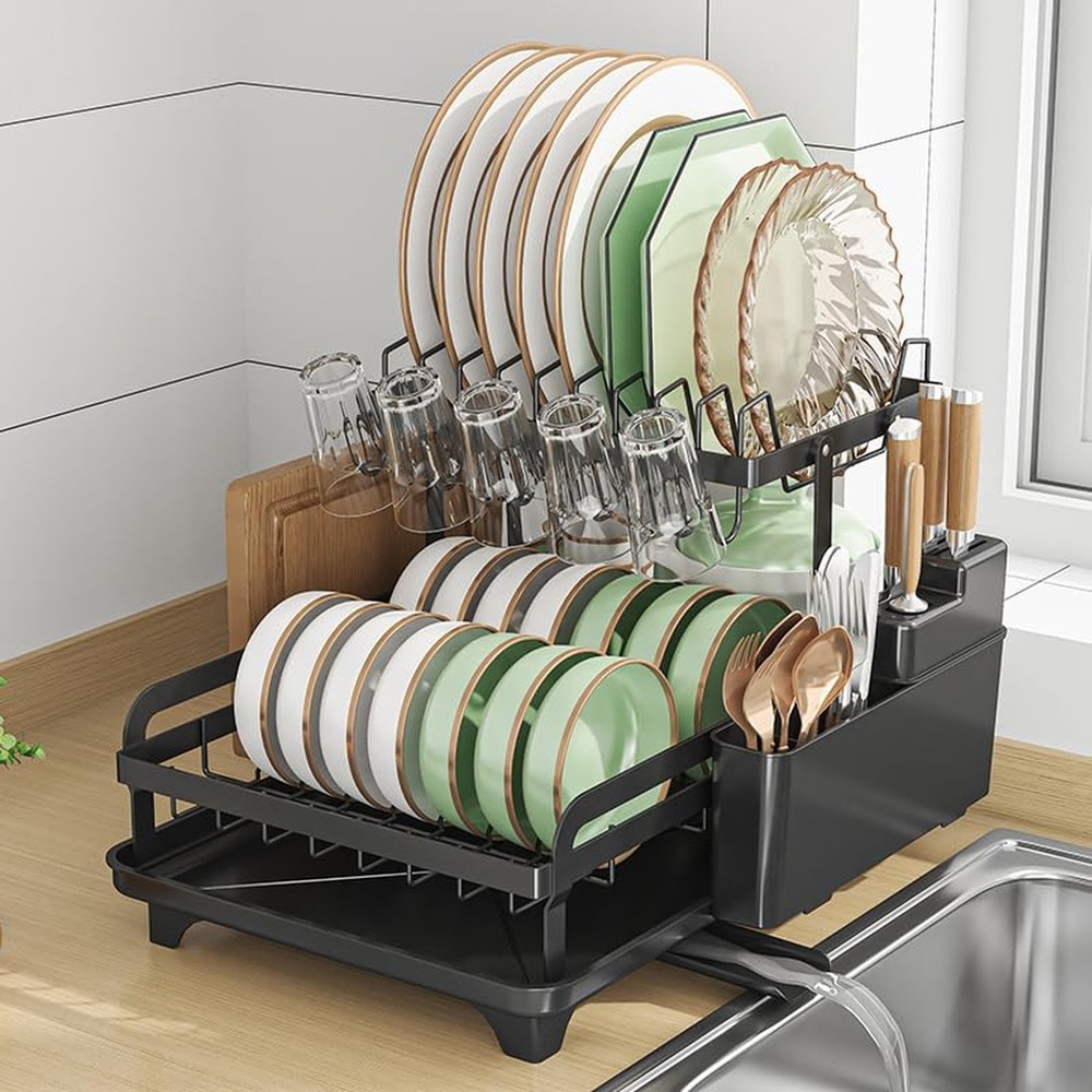 HOISIMDY 2 Tier Dish Drying Rack Automatic Drainage Board Space-Saving for Ki...