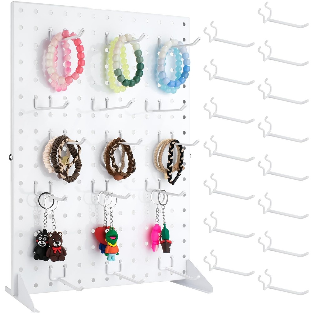 Peg Board Display Stand with 15 Hooks, Tabletop Metal Pegboard Shelf for Craf...
