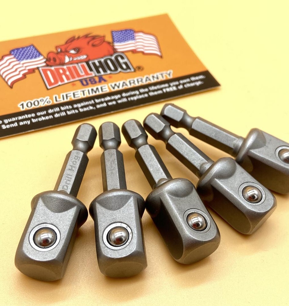 Drill Hog® 1/2" Socket Adapter Hex Shank Impact Driver Bit 5Pc Lifetime Warranty
