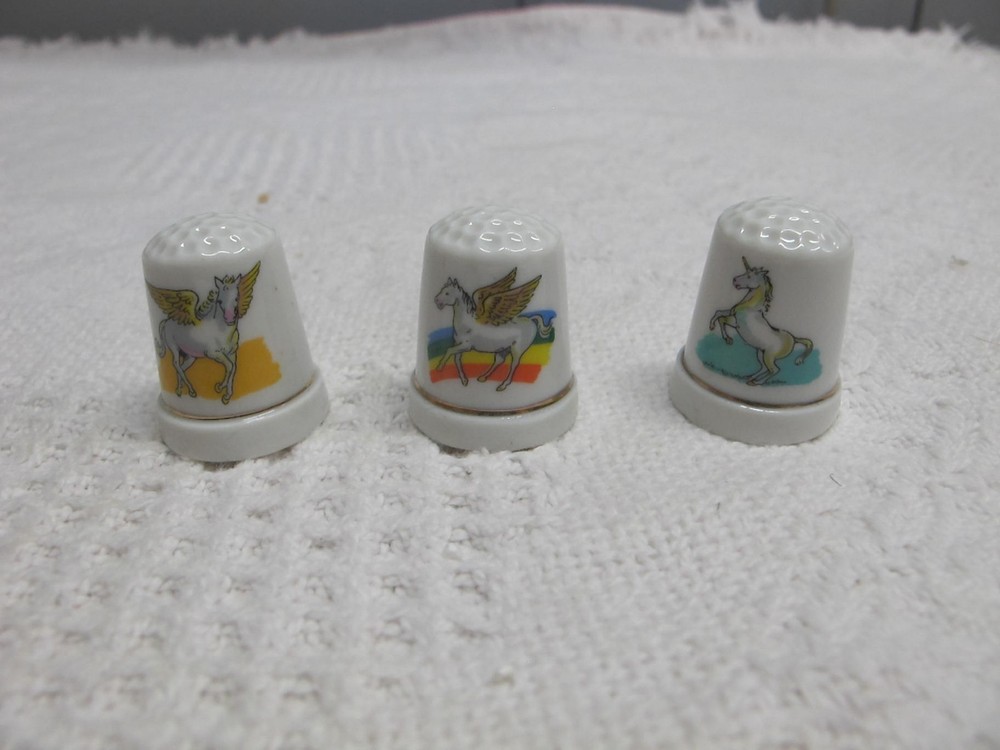 3pc Porcelain Thimbles Pegasus & Unicorn