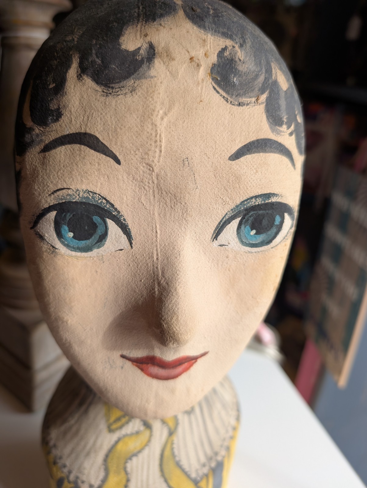 Vintage Millinery Head Hand Painted Plaster Paper Mache Fabric ANIQUE 13"