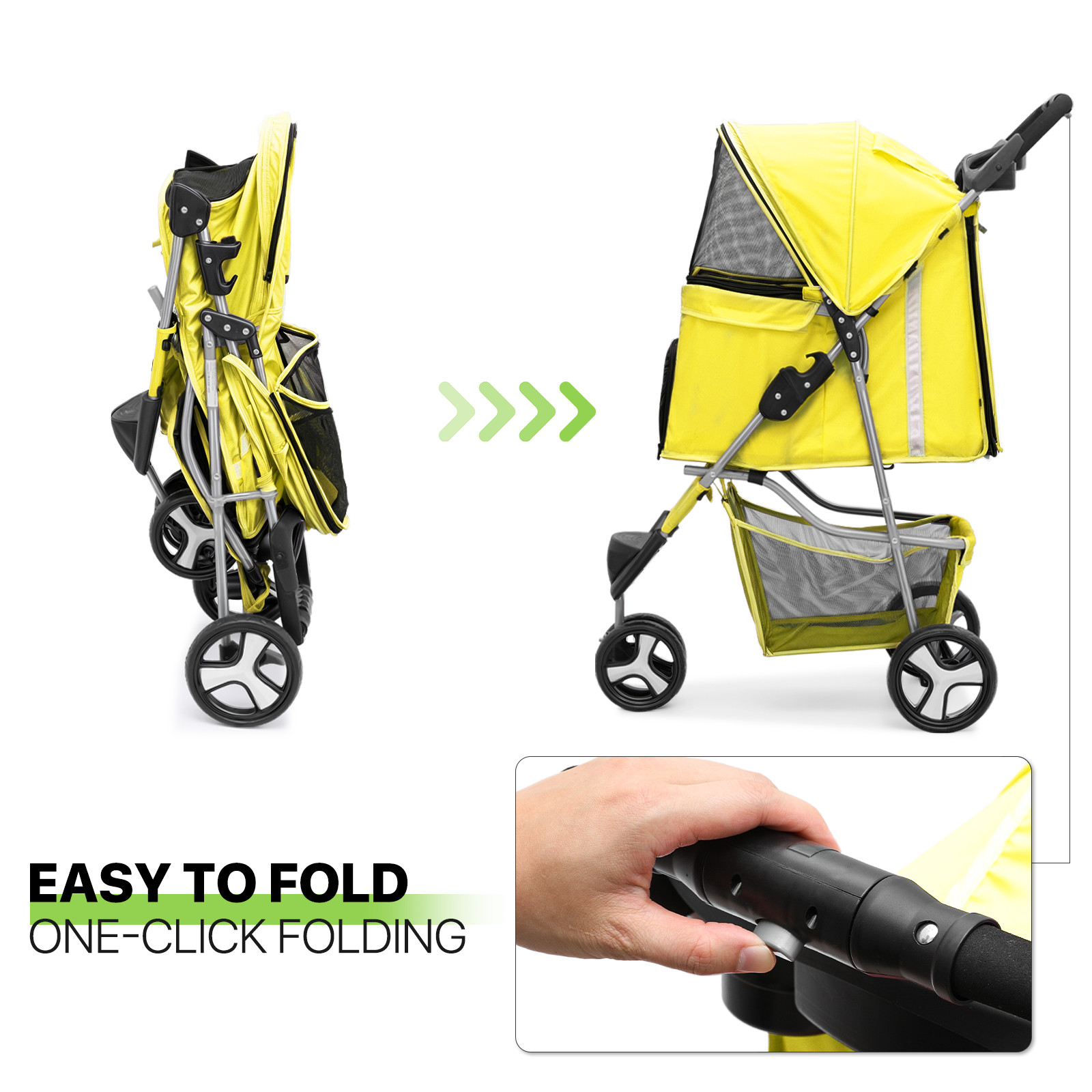 Yellow Foldable Dog Stroller Portable Pet Cat Carrier Cart w/Adjustable Sunshade