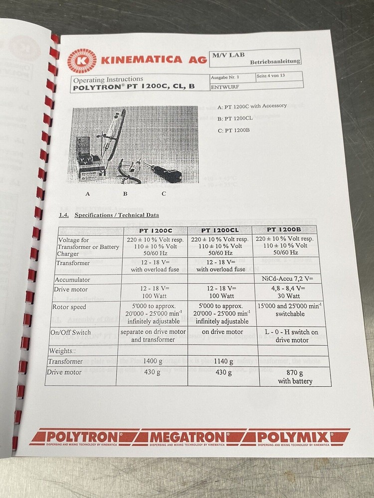 Kinematica AG Polytron PT 1200 - Users Manual/Instructions Book