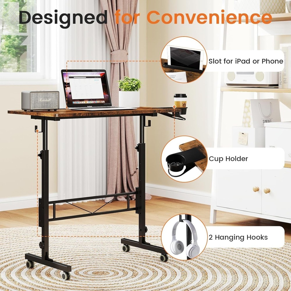 Small Standing Desk Adjustable Height Rolling Desk Standing/Sitting Portable