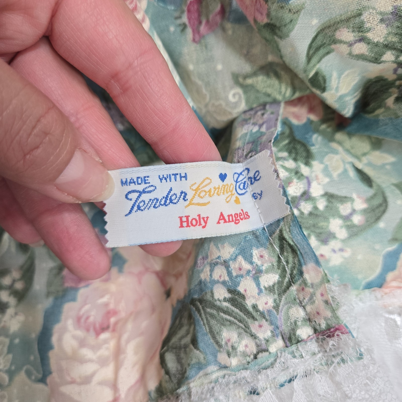 Vtg Hand Made Hanging Holy Angels Fabric Angel Floral Lace Fabric Christmas