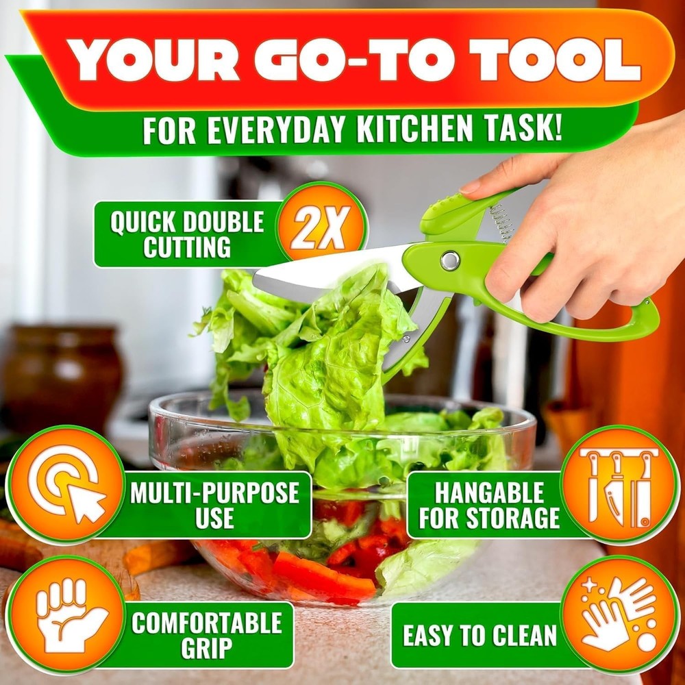 Salad Scissors 8.9" Multiblade Spring-Loaded Kitchen Lettuce Chopper Stainless