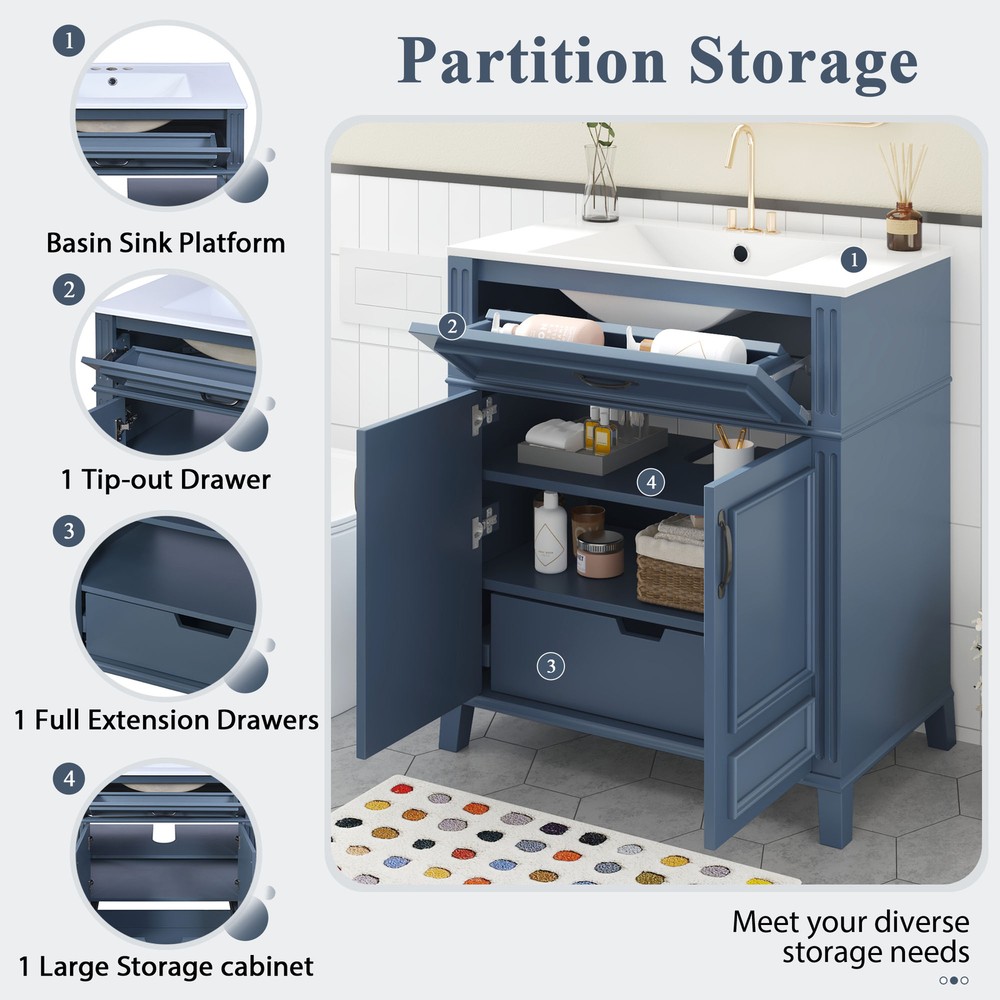 30'' Bathroom Vanity with Ceramic Sink,Solid Wood Frame Bathroom Storage Cabinet