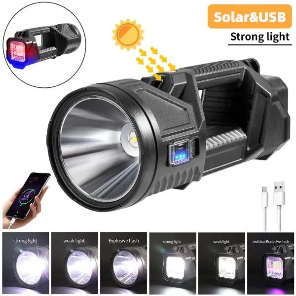 Extra Large Solar Flashlight Rechargeable Searchlight Long Range Carry Torch