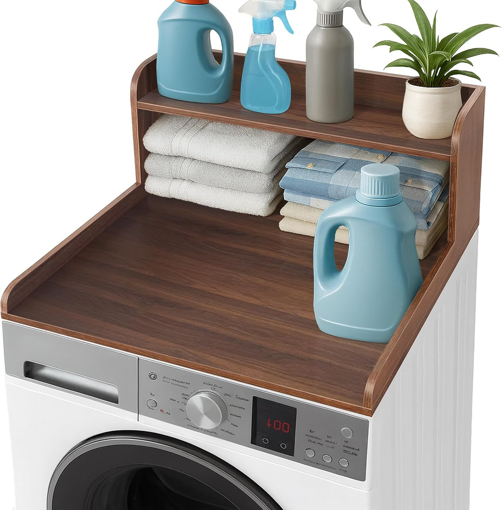 2-Tier Solid Wood Washer Dryer Countertop Shelf for Laundry Room (Walnut)