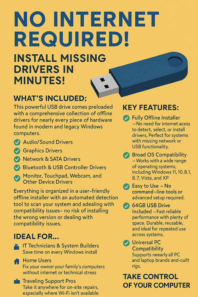 #1 Windows Drivers Automatic Install Kit 11, 10, 8, 7, XP - No Internet Required