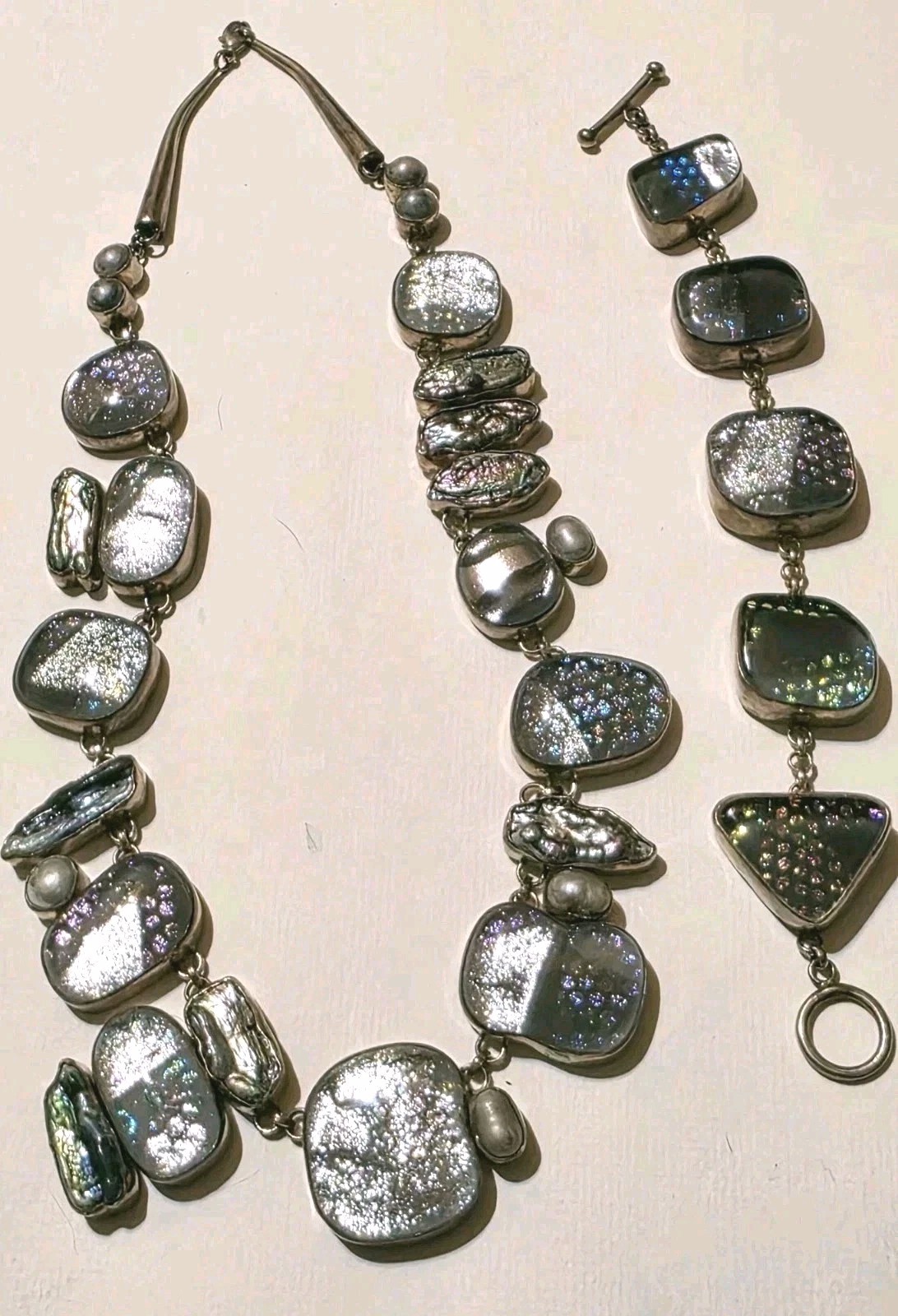 Signed Sterling Silver Dichroic Art Glass Necklace Bracelet Set Large Statement