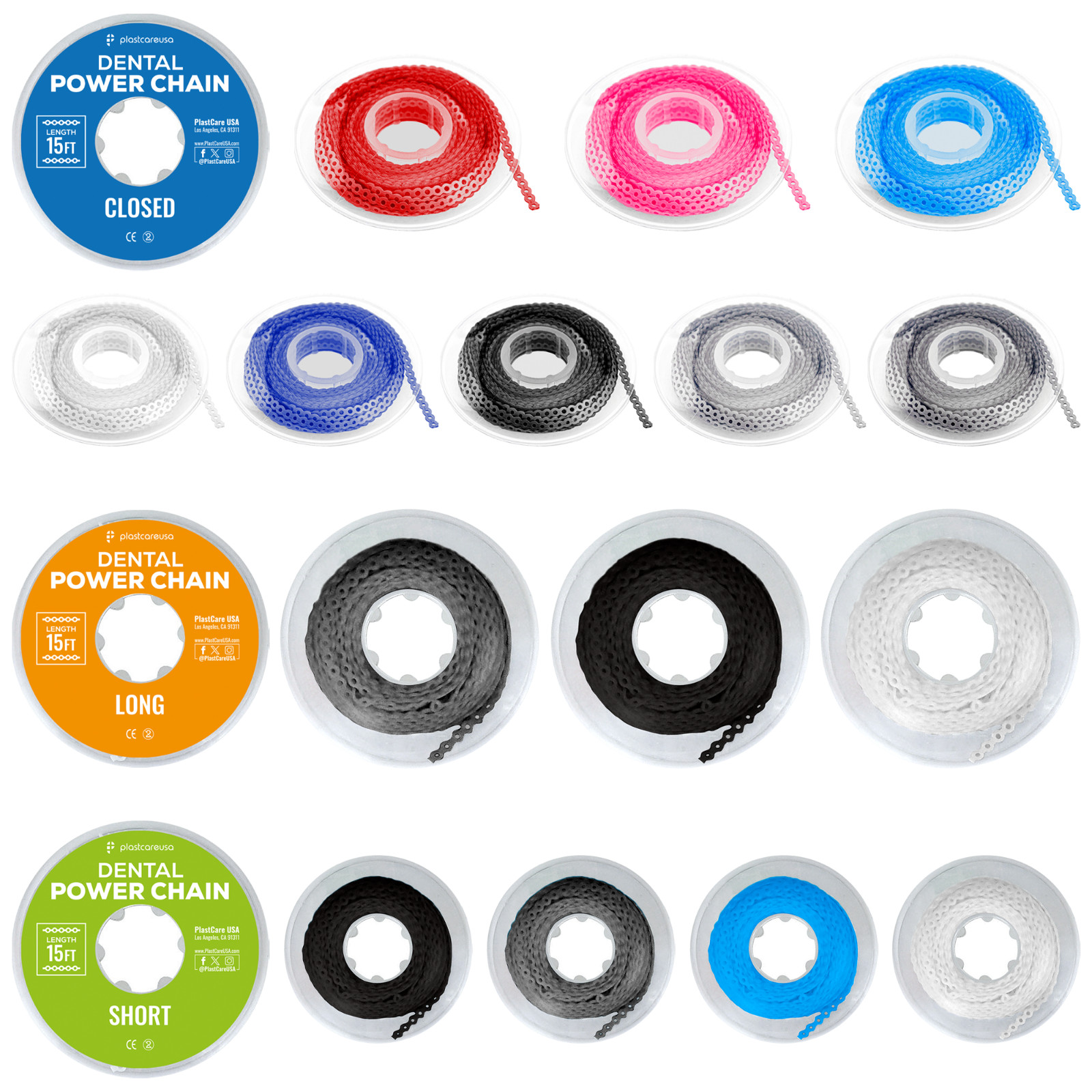 Dental Orthodontic Power Chains Braces - 15 ft Long Short Closed Multiple Colors