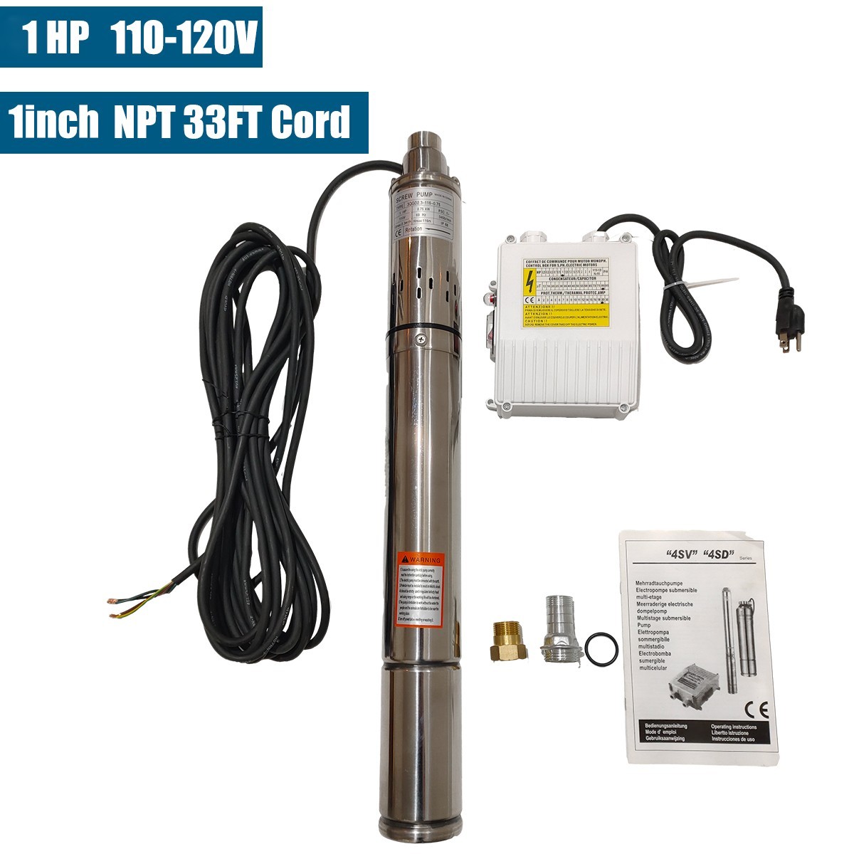 3'' Deep Well Submersible Pump 1HP 308ft 10GPM Stainless Steel 33FT Cord 110V