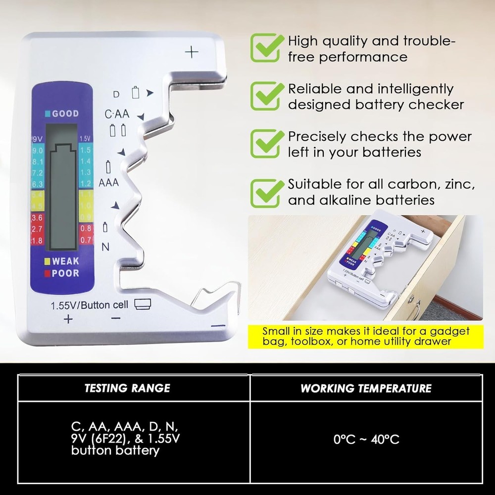 Handheld Digital Battery Checker with Quick Read LCD for C, AA, AAA, D Batteries