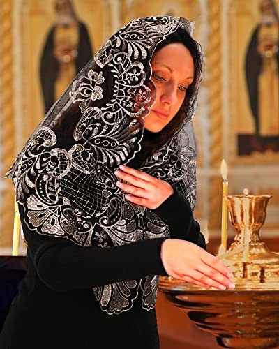Spanish Catholic Lace Veil - Virgin Mary Embroidery Church Black Gold-3