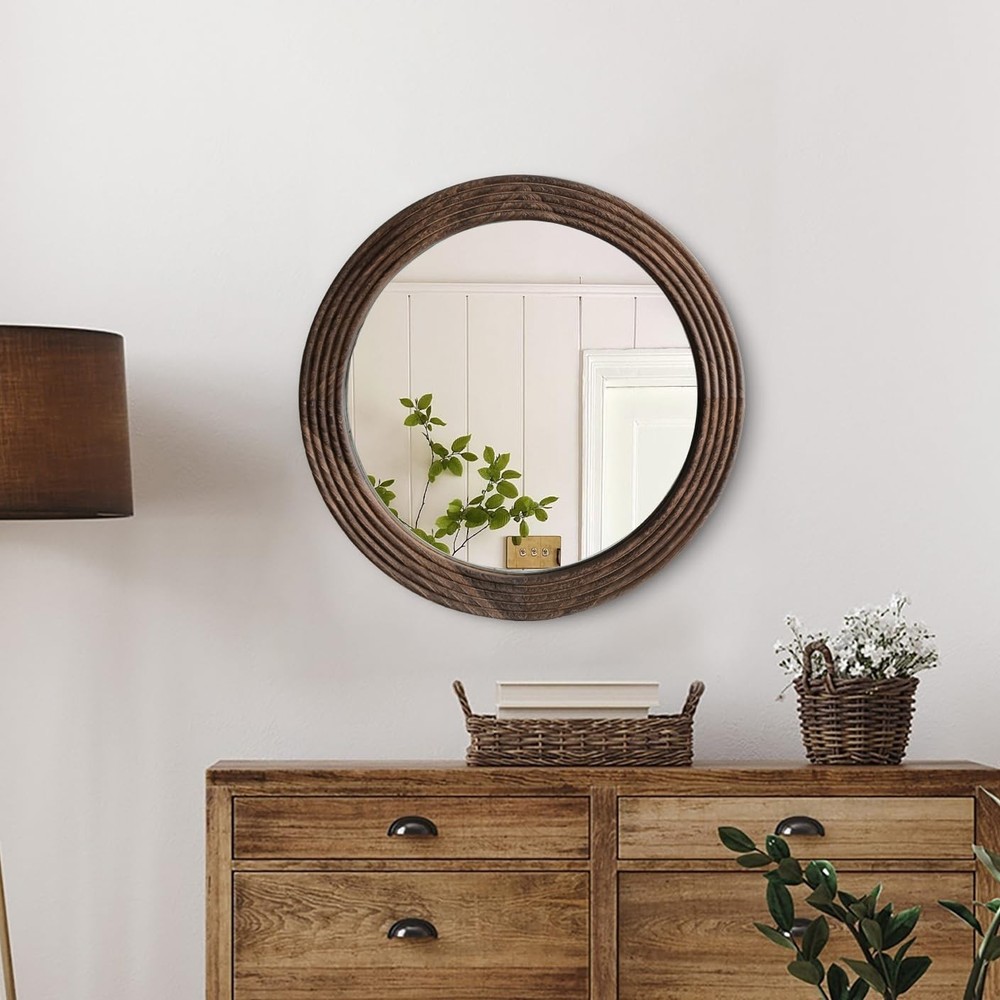 Round Mirror, Farmhouse Decor Solid Wood Frame Wall Circle Mirror, Decorative...
