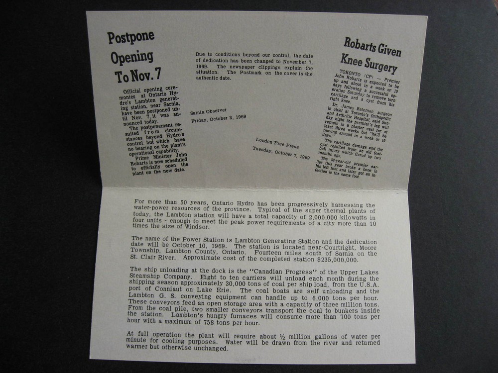 CANADA Lambton ON Generating Station (Hydro) dedication cover with insert!