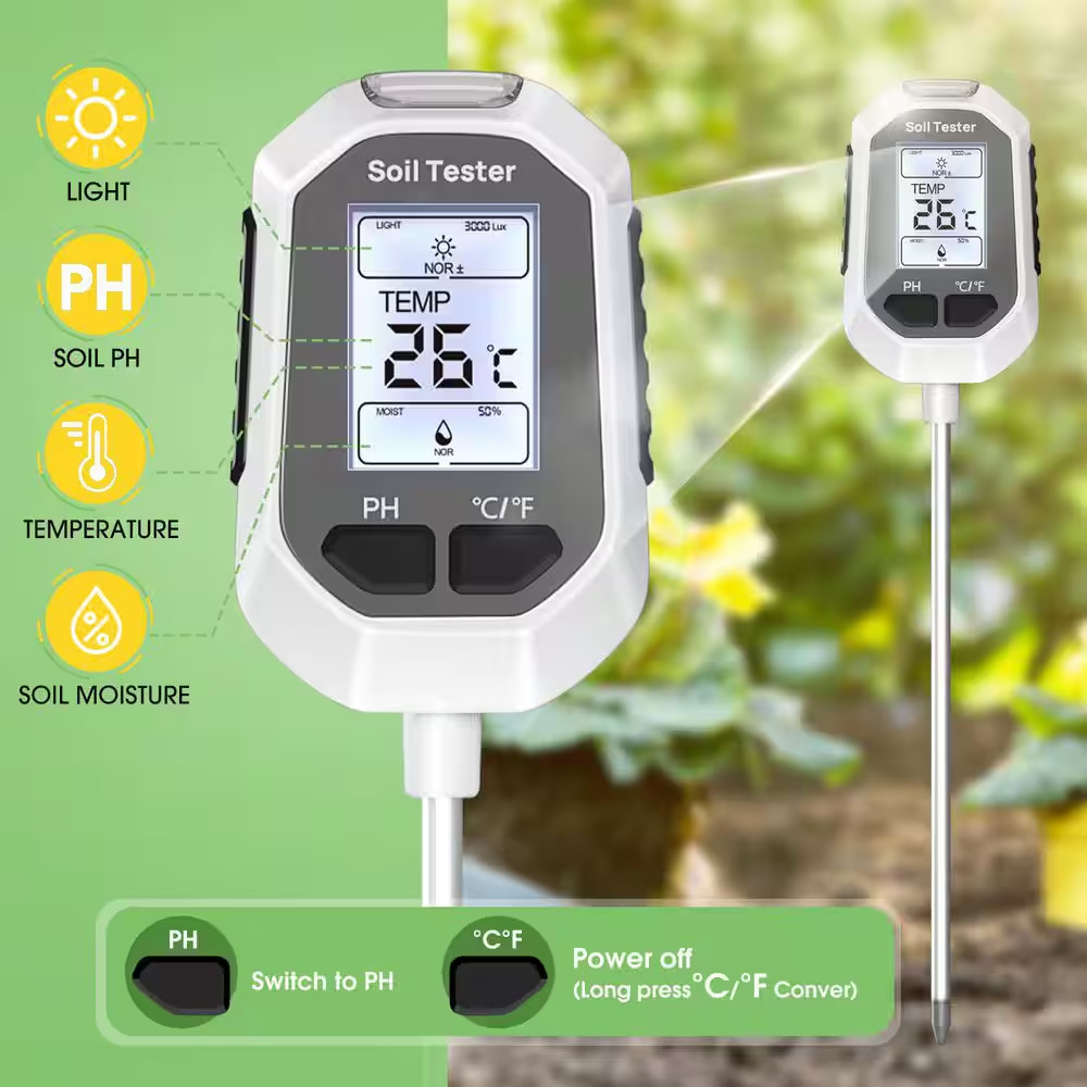 4 in 1 Soil Test Meter with Temperature, Moisture, PH Meter, Sunlight Intensity