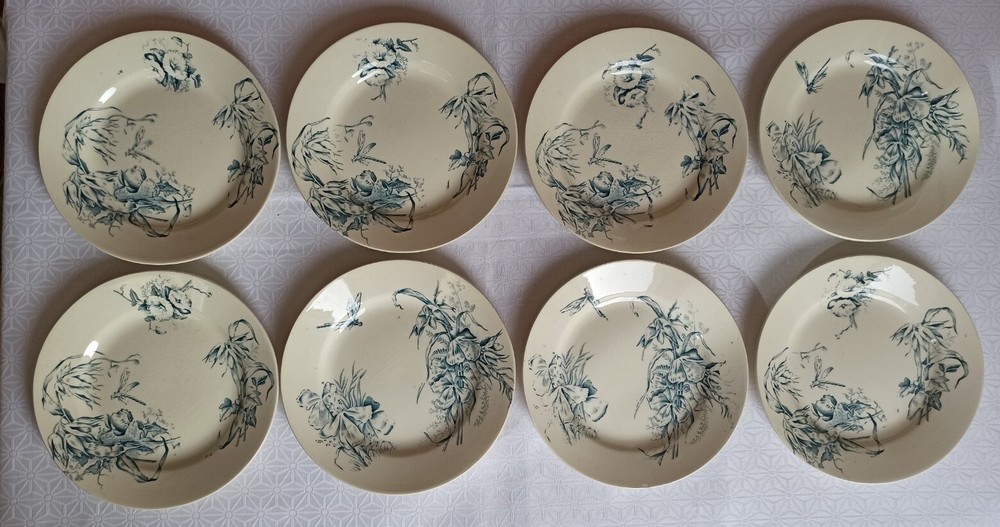 8 Flat Plates in Faience Earthenware Art Nouveau