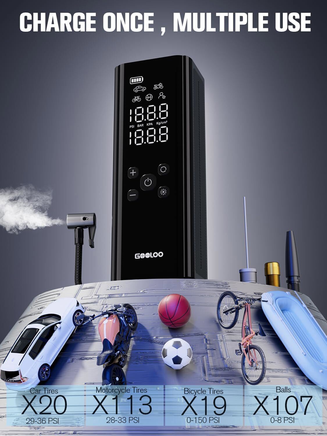 GOOLOO GT150 Portable Electric, Air Pump Compressor Digital Tire Inflator 150PSI