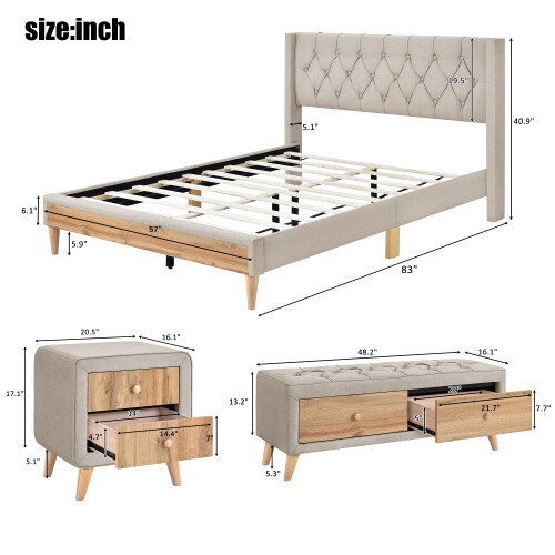 Full Queen Size Bedroom Sets Upholstered Platform Bed Frames Nightstands Bench