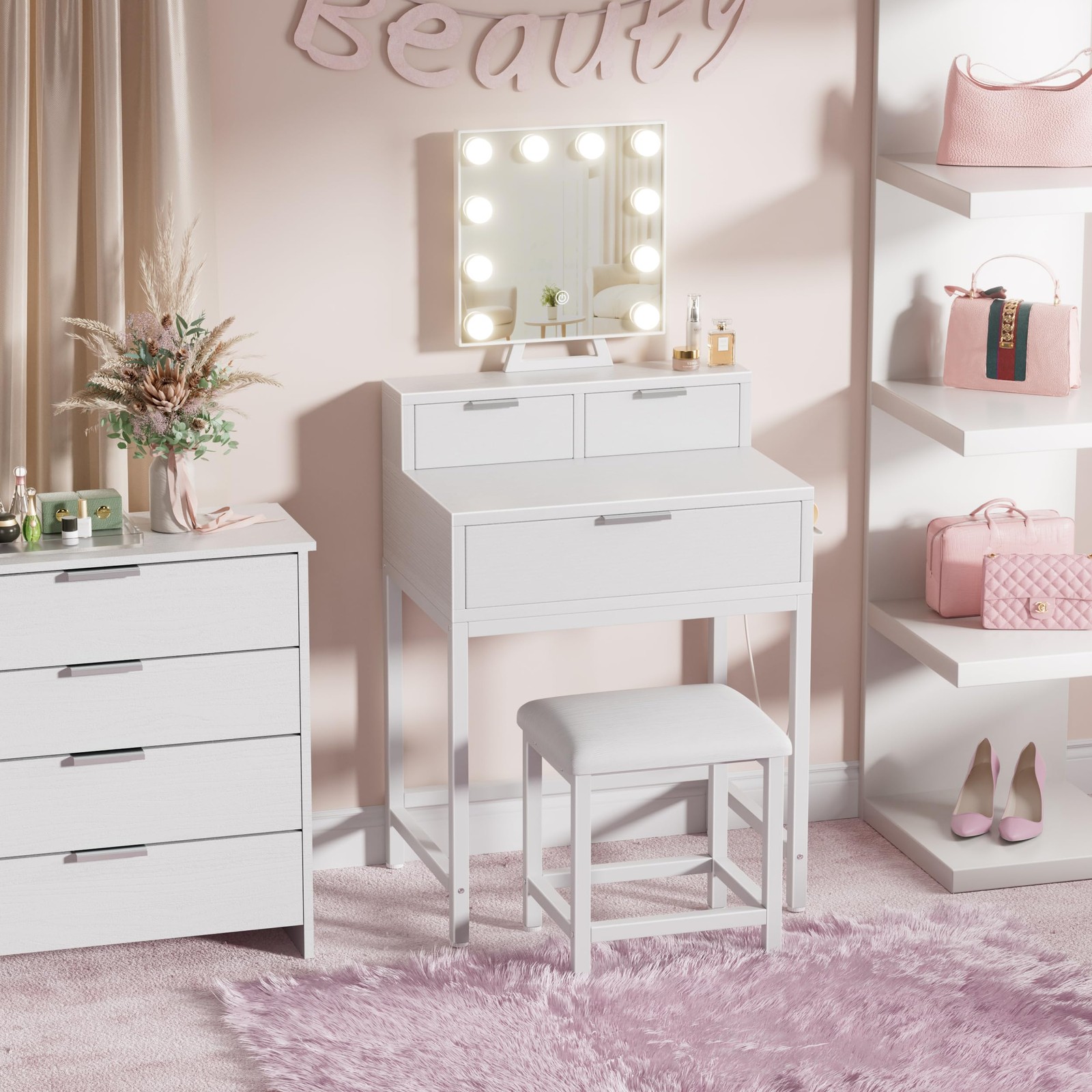 White Makeup Vanity Desk with Hollywood Mirror and Lights, Girls Vanity Set w...
